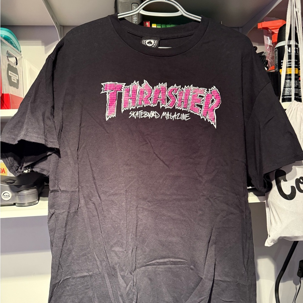 Thrasher Black Tee with Pink Logo